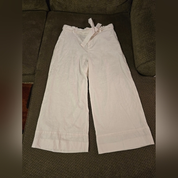 Banana Republic Linen Pants Womens 14 White Blake Cropped Mid Rise Belted - Picture 2 of 13